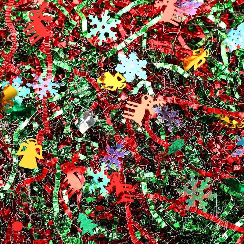 Jansun Christmas Metallic Red Green Crinkle Cut Paper, 115g/4oz Shred Filler with Christmas Tree Snowflake Elk Bell Confetti for Gift Wrapping Craft DIY Basket Filling Merry Christmas Decorations - Image 1